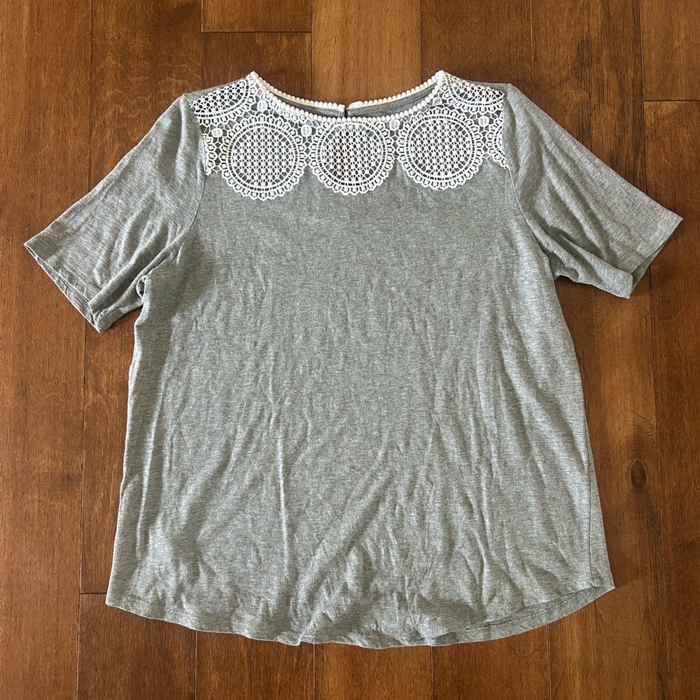 LOFT Gray Top with White Lace Accents